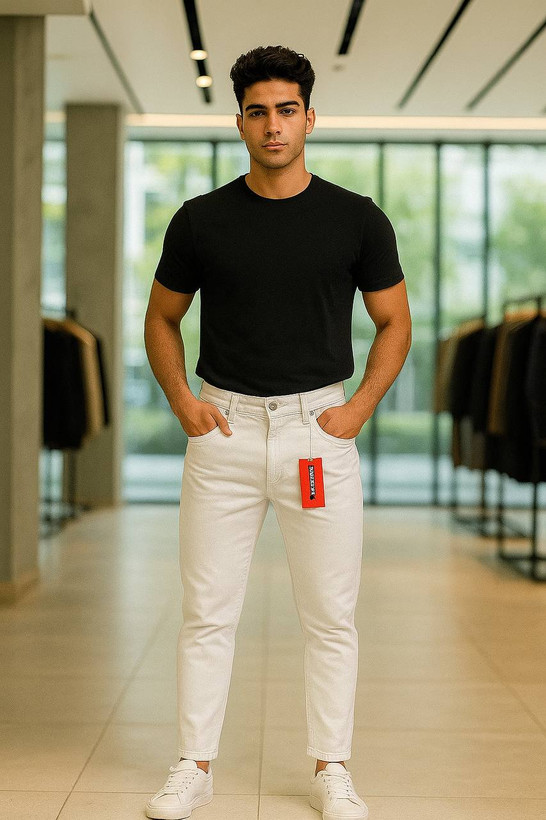 شلوار مام فیت سفید مردانه با طراحی راحت و استایل کژوال، پارچه سفید با کیفیت بالا مناسب استفاده روزمره