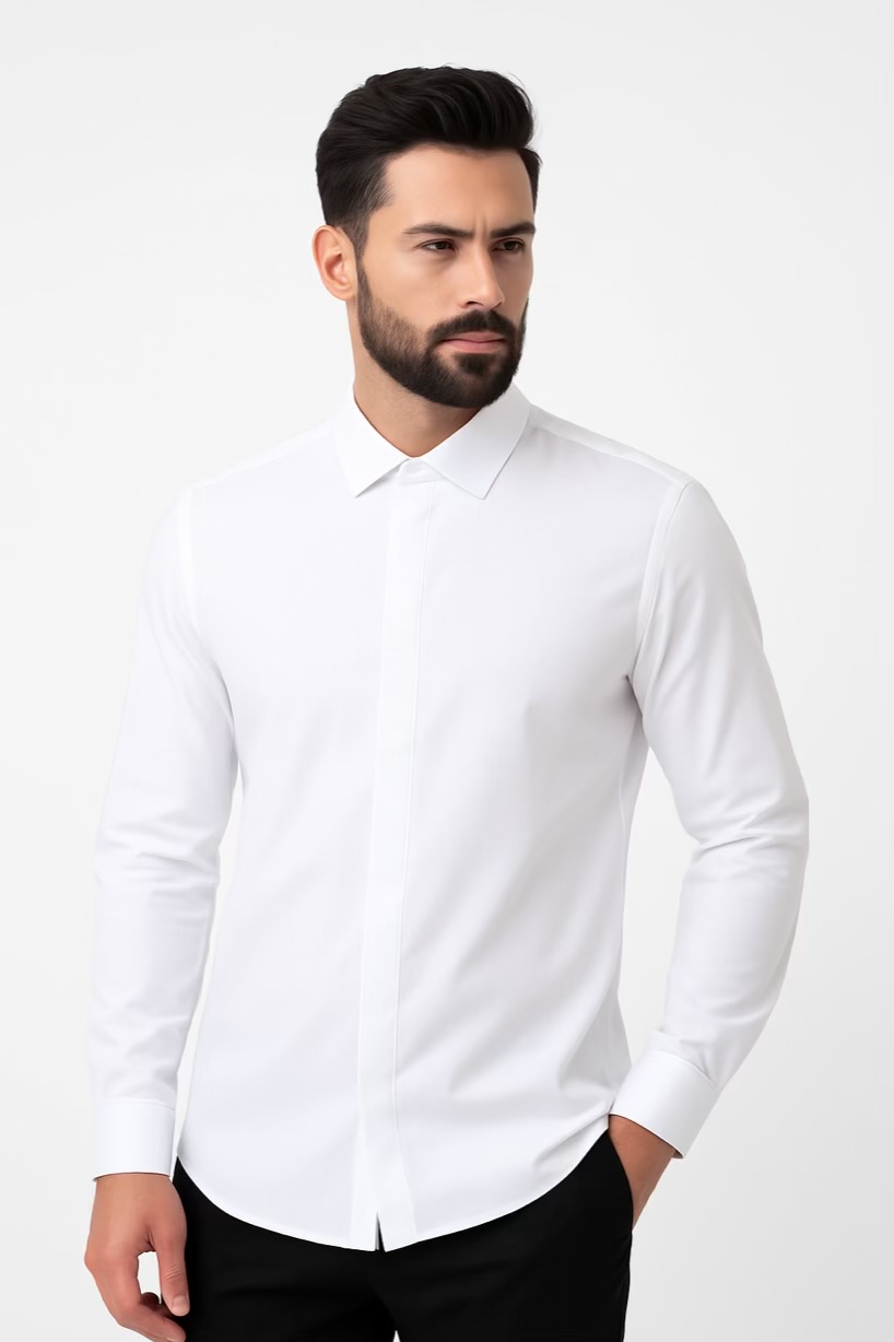 پیراهن مردانه سفید ساده دکمه مخفی، جنس دوشین، سایز M تا 3XL – مناسب استایل رسمی و روزمره