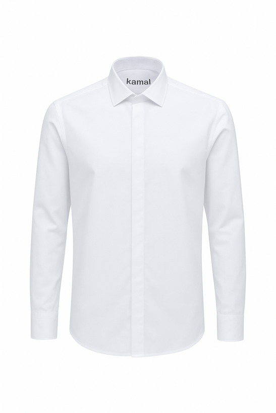 پیراهن مردانه سفید ساده دکمه مخفی، جنس دوشین، سایز M تا 3XL – مناسب استایل رسمی و روزمره