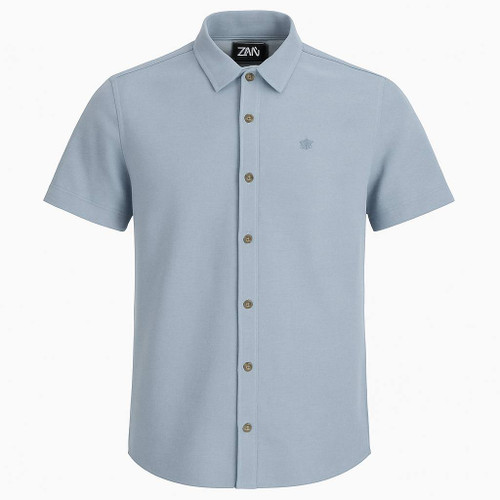 پیراهن پنبهای مردانه طرحدار رنگ آبی روشن، مناسب استایل روزمره و رسمی تابستانی