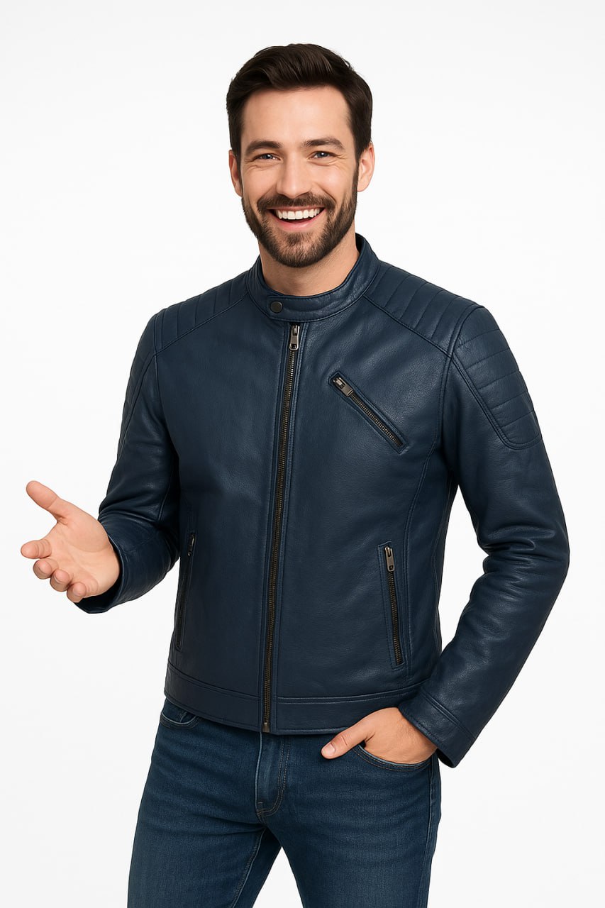 کاپشن چرم سورمه‌ای شیک و ضدباد، مناسب آقایان و بانوان برای استایل اسپرت و رسمی