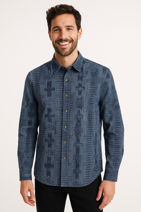 پیراهن مردانه آستین بلند آبی طرح هندسی شیک مناسب استایل روزمره و رسمی