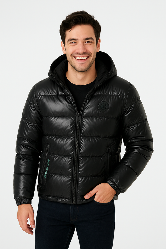 کاپشن سلیکونی مردانه مشکی براق با طراحی مدرن و کلاه، مناسب استایل زمستانی