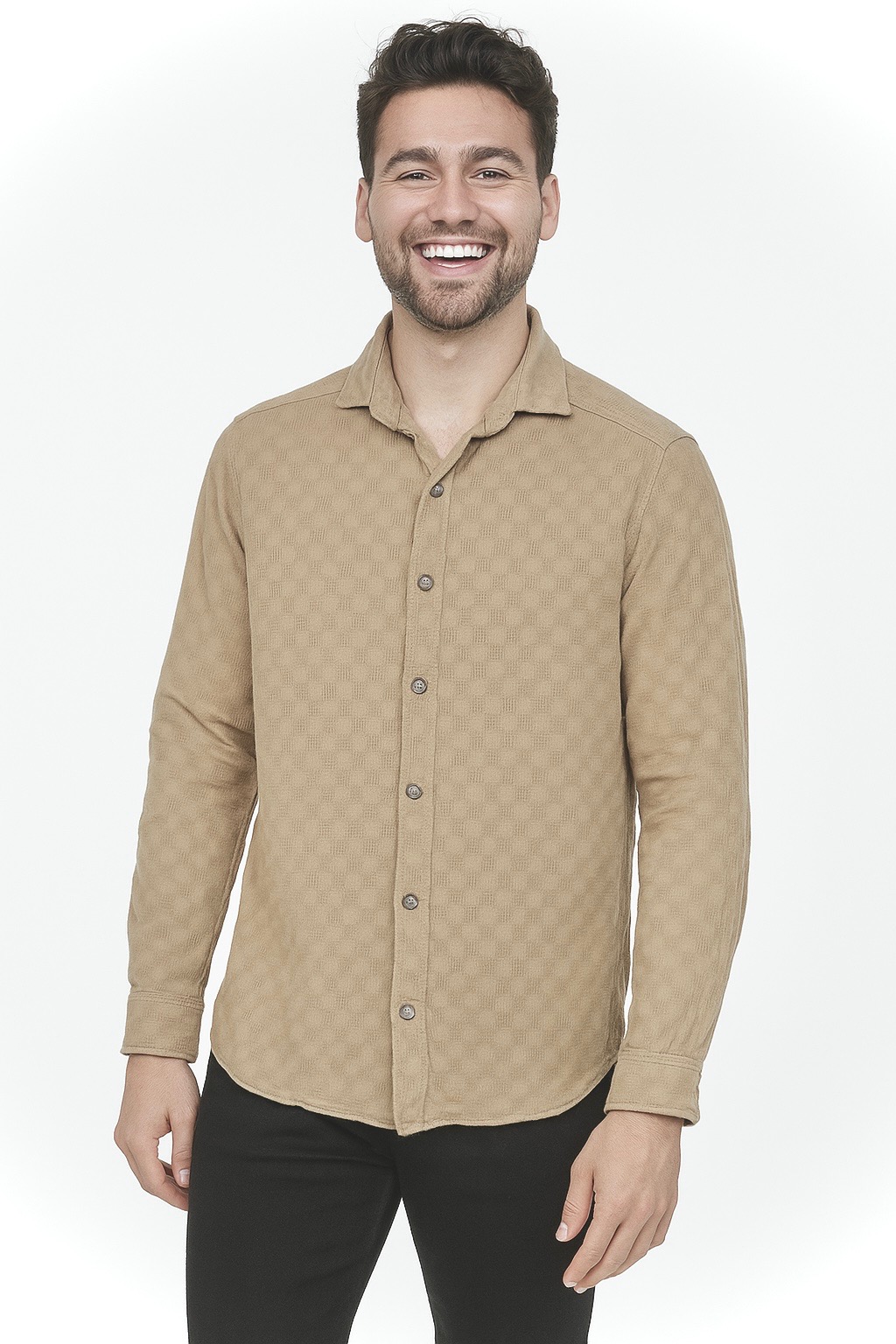 پیراهن بیسکوییتی مردانه آستین بلند شیک و خوش‌دوخت مناسب استایل رسمی و روزمره