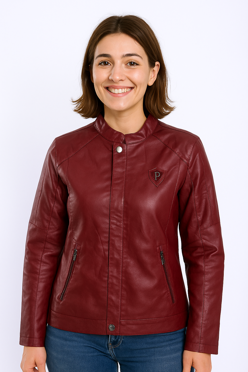 کت چرم مصنوعی زنانه مشکی با یقه ایستاده و زیپ مخفی مدل W.LILIAK، طراحی اسپرت و خوش‌دوخت مناسب فصل پاییز و زمستان