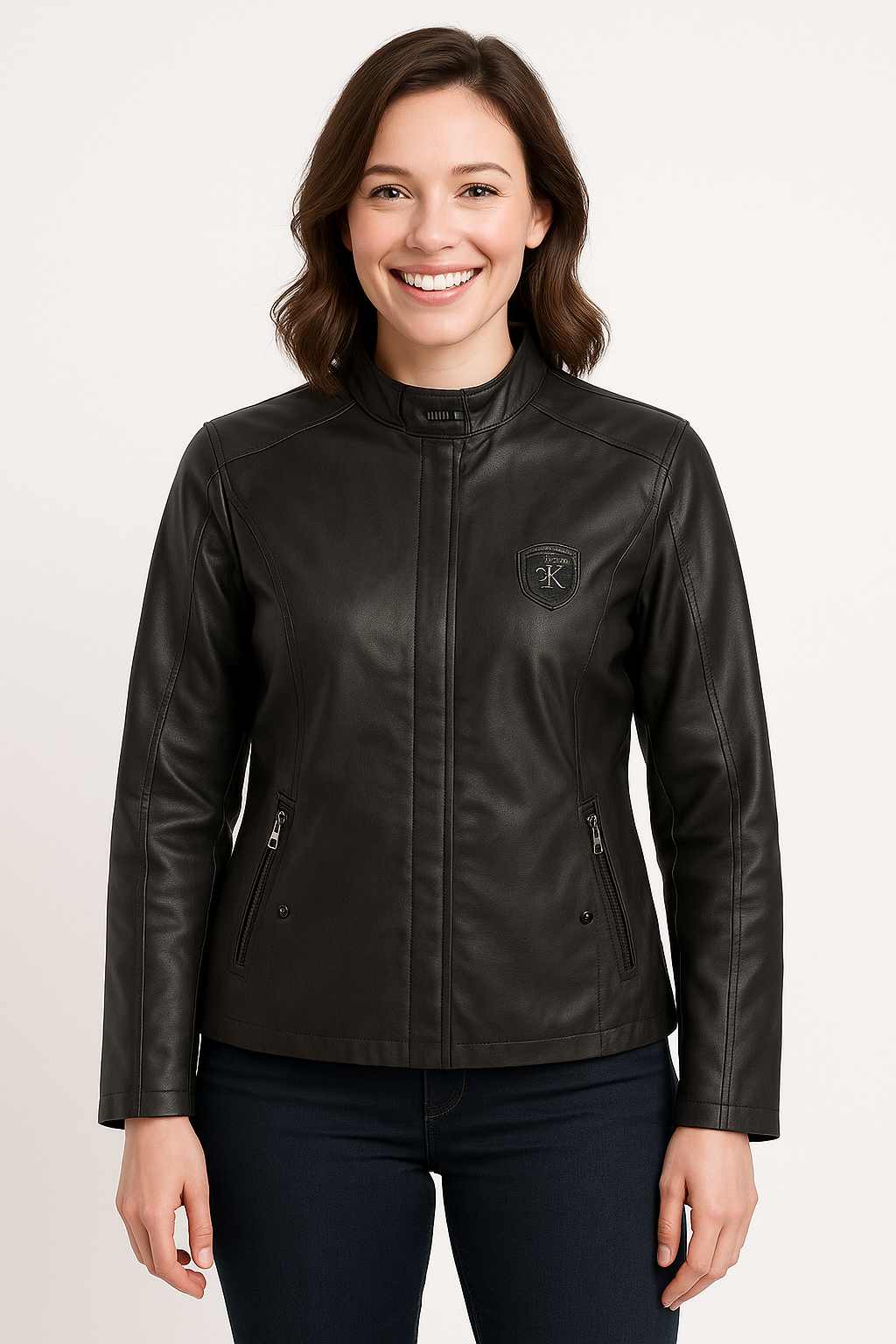 کت چرم مصنوعی زنانه مشکی با یقه ایستاده و زیپ مخفی مدل W.LILIAK، طراحی اسپرت و خوش‌دوخت مناسب فصل پاییز و زمستان