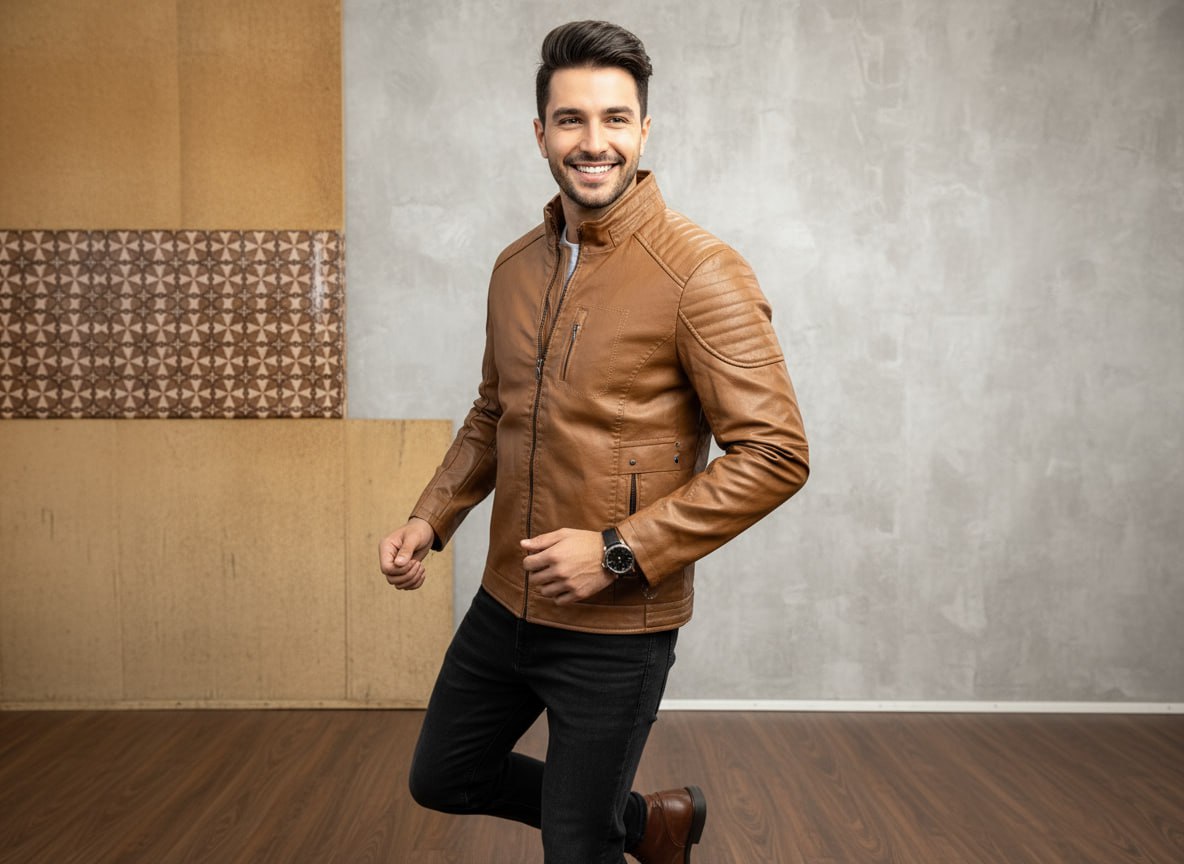 کاپشن چرم مصنوعی مردانه سرمه‌ای و عسلی با طراحی اسپرت، زیپ‌دار و آستر‌دار – مناسب فصل پاییز و زمستان – Kamalmarket