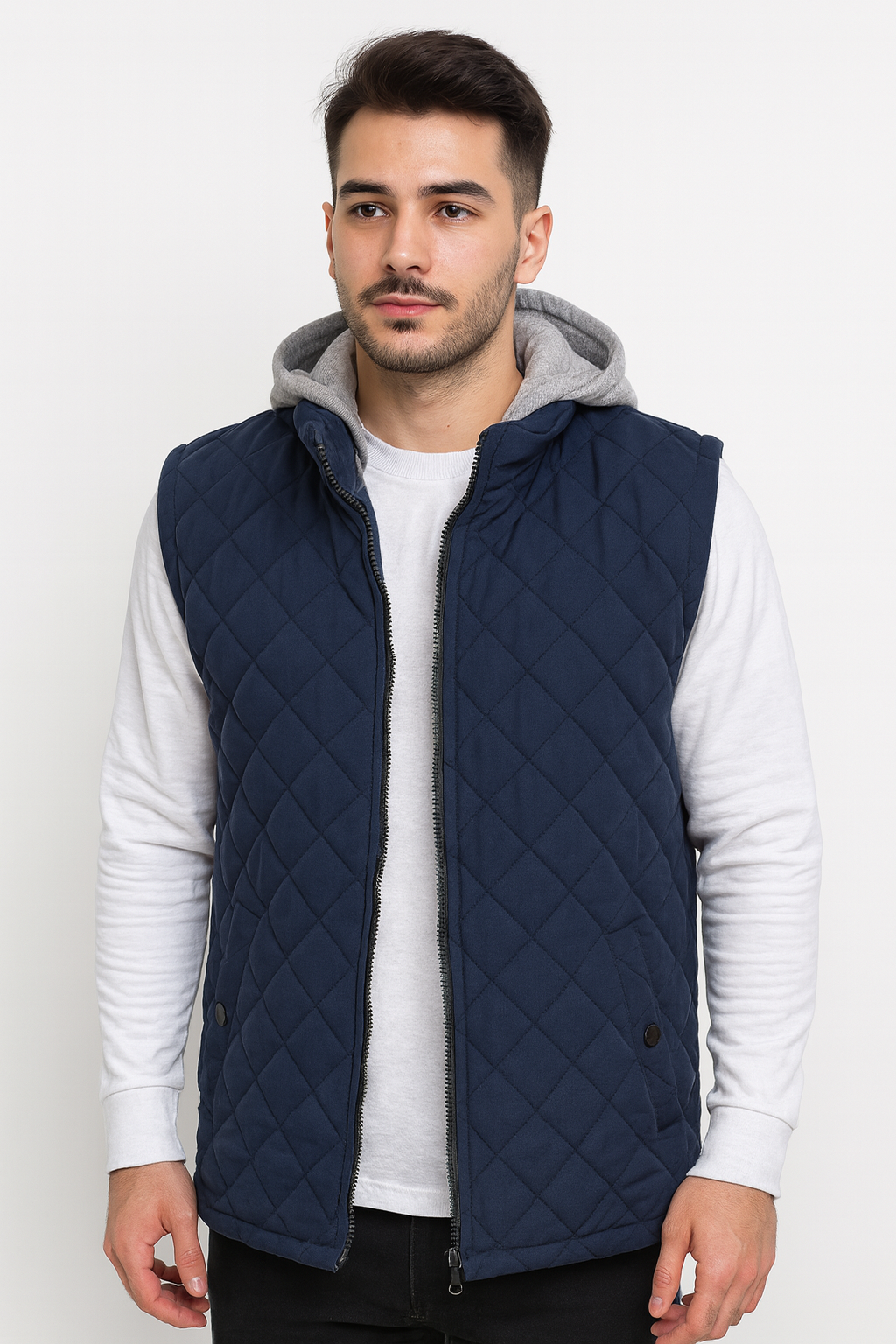 پافر مردانه سورمه‌ای کلاه‌دار با آستر خزدار، دو جیب دکمه‌دار و زیپ مشکی – مناسب پاییز و زمستان، سایز L تا XXL