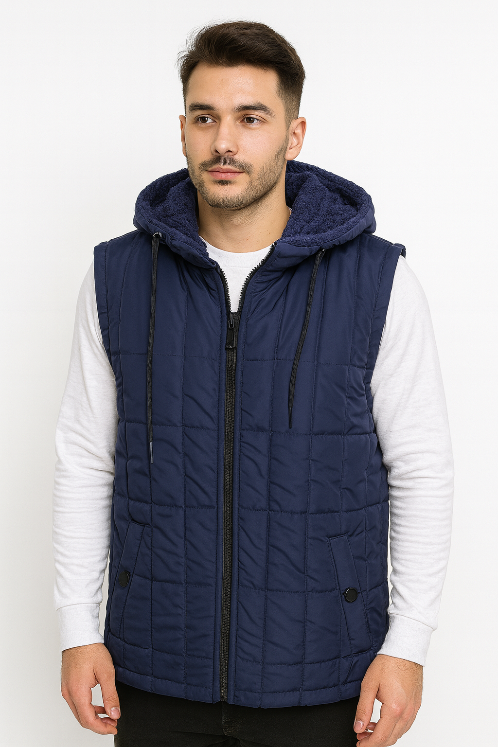 پافر مردانه سورمه‌ای کلاه‌دار با آستر خزدار، دو جیب دکمه‌دار و زیپ مشکی – مناسب پاییز و زمستان، سایز L تا XXL