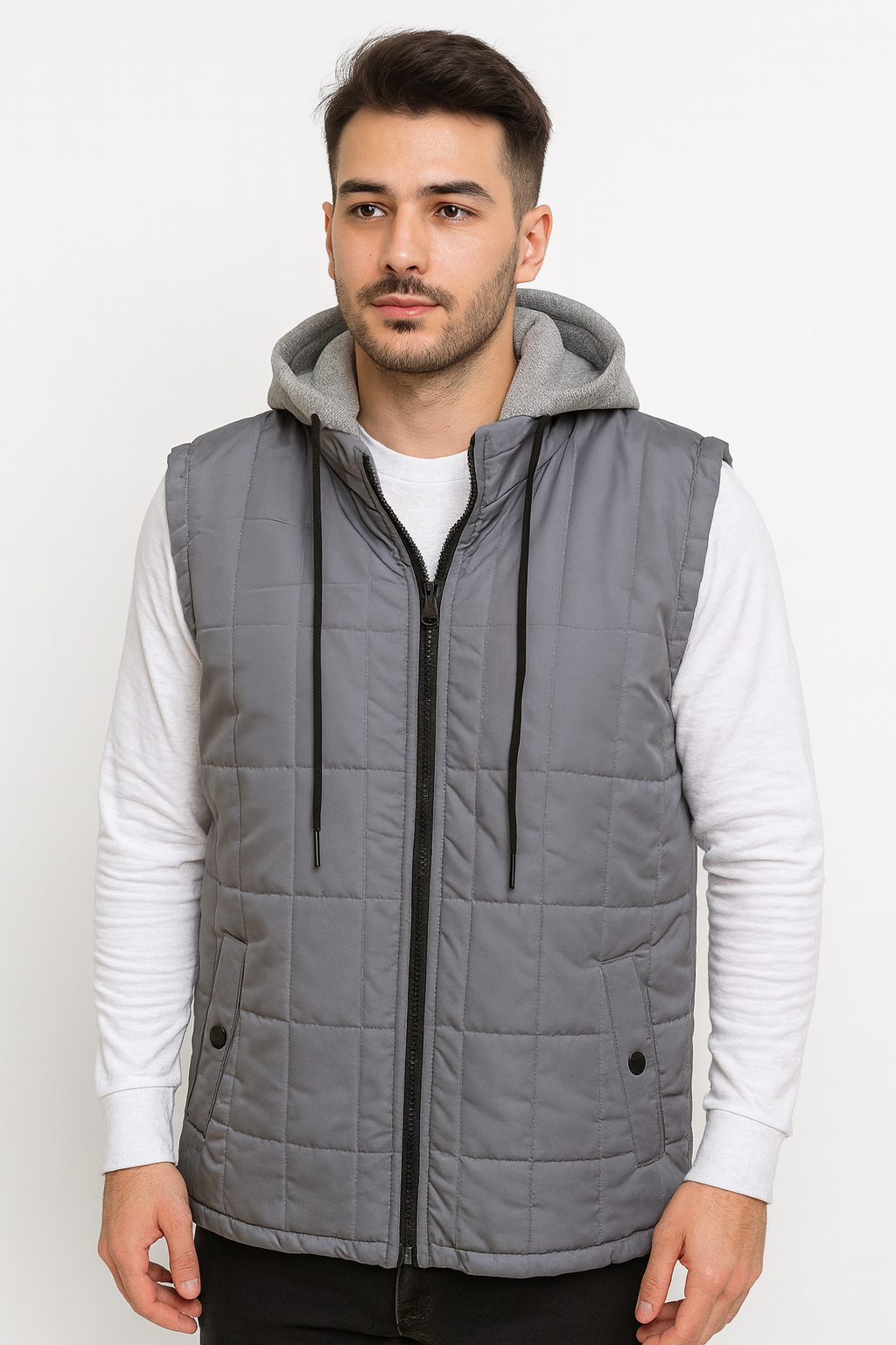 پافر مردانه سورمه‌ای کلاه‌دار با آستر خزدار، دو جیب دکمه‌دار و زیپ مشکی – مناسب پاییز و زمستان، سایز L تا XXL