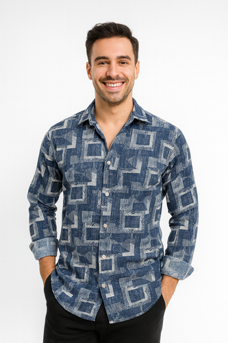 پیراهن مردانه بیسکویتی طرح هندسی، مدل پاییزی مناسب زیر کت و کاپشن، پارچه بافتدار، سایز M تا XXXL