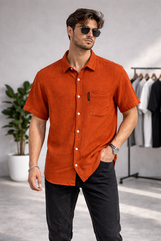 پیراهن مردانه کنفی تابستانی آستین کوتاه با پارچه خنک، سایزبندی کامل S M L XL مناسب استایل کژوال سبزسدری