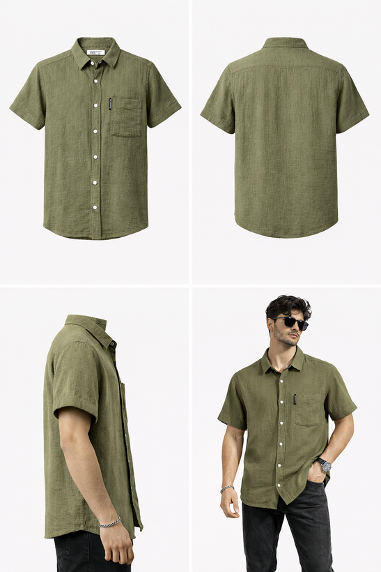 پیراهن مردانه کنفی تابستانی آستین کوتاه با پارچه خنک، سایزبندی کامل S M L XL مناسب استایل کژوال سبزسدری